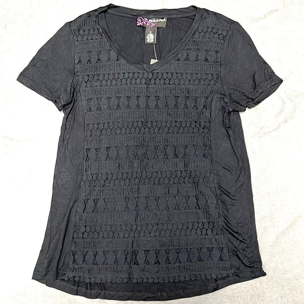 Peck & Peck Womens Black Club Med Lace Front Short Sleeve V-Neck Top Size Medium